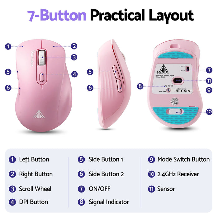 SOLAKAKA Silent Wireless Mouse Bluetooth 2.4GHz 4200 DPI 7 Buttons