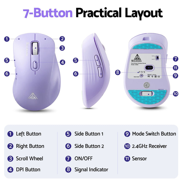 SOLAKAKA Silent Wireless Mouse Bluetooth 2.4GHz 4200 DPI 7 Buttons