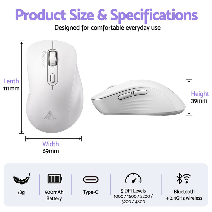 SOLAKAKA Silent Wireless Mouse Bluetooth 2.4GHz 4200 DPI 7 Buttons