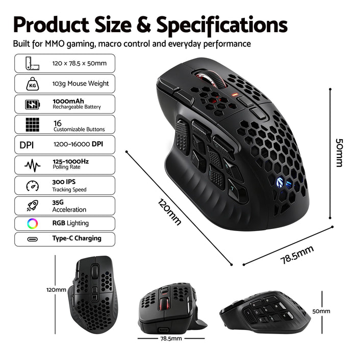 SOLAKAKA Wireless MMO Gaming Mouse 16 Buttons Bluetooth 24000 DPI RGB
