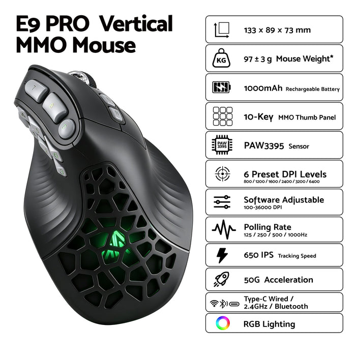 SOLAKAKA E9 Pro Vertical MMO Mouse Tri-Mode 36000 DPI 8000Hz PAW3395