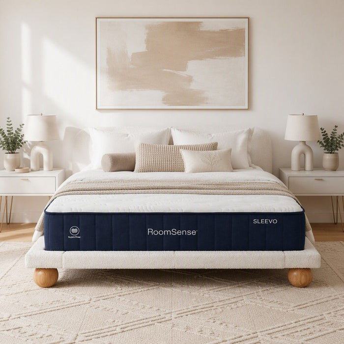RoomSense Queen 26cm Firm Mattress Bundle with Beige Boucle Bed Frame