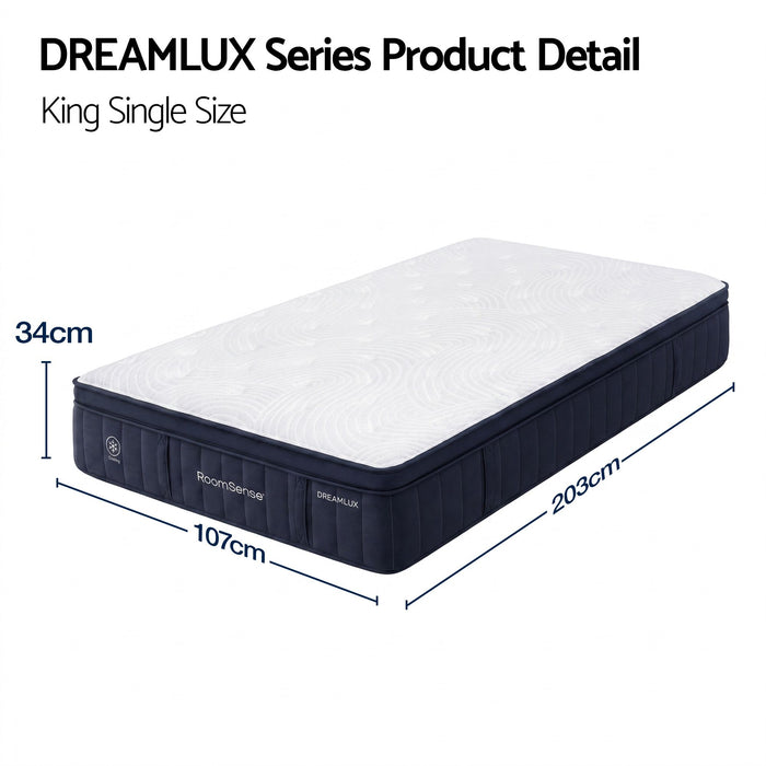 RoomSense King Single Mattress, 34cm Thick Medium Soft Hybrid Mattress for Back Pain Relief, Tencel Cooling Pocket Spring Mattress King Single Size in a Box