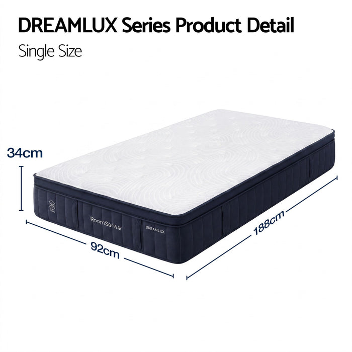RoomSense Single Mattress, 34cm Thick Medium Soft Hybrid Mattress for Back Pain Relief, Tencel Cooling Pocket Spring Mattress Single Size in a Box