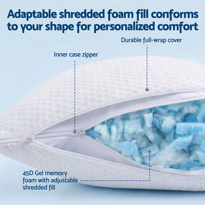 RoomSense Cooling Memory Foam Pillow Pillows 1 Pack, Anti-Flattening Bed Pillows for Hot Sleepers, Adjustable Shredded Gel Side Sleeper Pillow for Neck Support, Washable Cover, 72x50x15cm