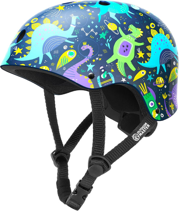 OutdoorMaster Youth & Kids Bike Helmet - Adjustable Multi-Sports Skateboard Helmet with Removable Liners for Balance Bike, Kids Scooter, One Wheel Hoverboard,Graffiti-style helmet-Dinoverse Madness-Large