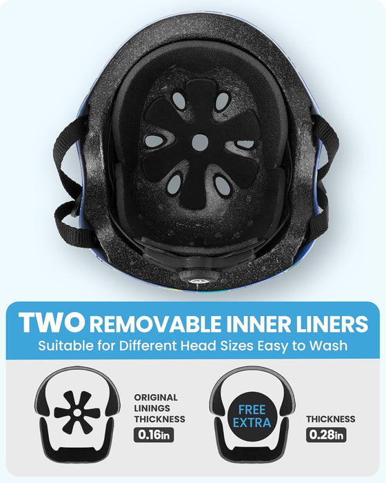 OutdoorMaster Youth & Kids Bike Helmet - Adjustable Multi-Sports Skateboard Helmet with Removable Liners for Balance Bike, Kids Scooter, One Wheel Hoverboard,Graffiti-style helmet-Dinoverse Madness-Large