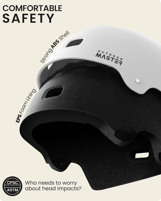 OutdoorMaster Skateboard Bike Helmet for Adults &Youth - Multi-Sport Certified Impact Resistant with 2 Removable Liners & Ventilation for Scooter, Skating-White-Small