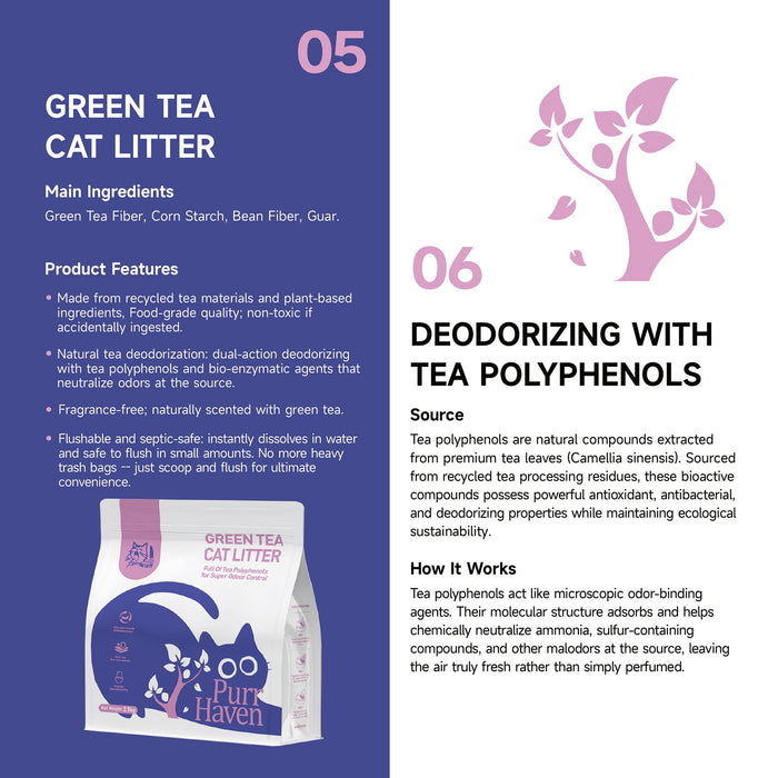 PurrHaven Green Tea Clumping Cat & Kitty Litter, 7.5kg (3 Pack),Dust Free,Natural Flusable,Easy to Clean,Odour Neutraliser,Rapid Liquid Absorption,Non-Toxic Formula