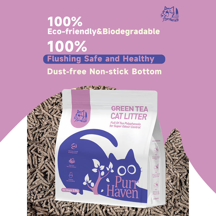 PurrHaven Green Tea Clumping Cat & Kitty Litter, 15kg (6 Pack),Dust Free,Natural Flusable,Easy to Clean,Odour Neutraliser,Rapid Liquid Absorption,Non-Toxic Formula
