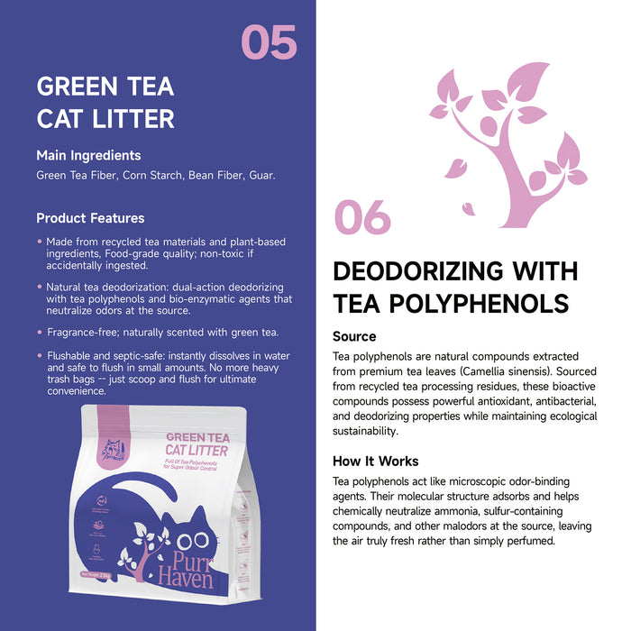 PurrHaven Green Tea Clumping Cat & Kitty Litter, 15kg (6 Pack),Dust Free,Natural Flusable,Easy to Clean,Odour Neutraliser,Rapid Liquid Absorption,Non-Toxic Formula