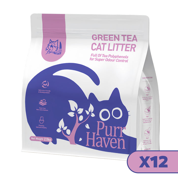 PurrHaven Green Tea Clumping Cat & Kitty Litter, 30kg (12 Pack),Dust Free,Natural Flusable,Easy to Clean,Odour Neutraliser,Rapid Liquid Absorption,Non-Toxic Formula