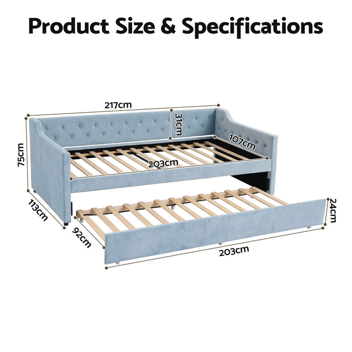 Artiss King Single Buttonless Tufted Daybed with Pull-Out Trundle, Light Blue