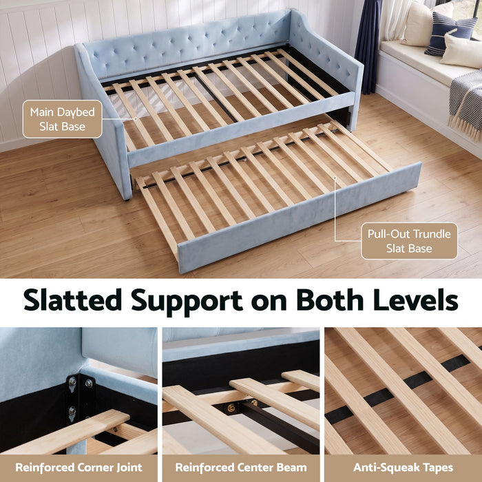 Artiss King Single Buttonless Tufted Daybed with Pull-Out Trundle, Light Blue