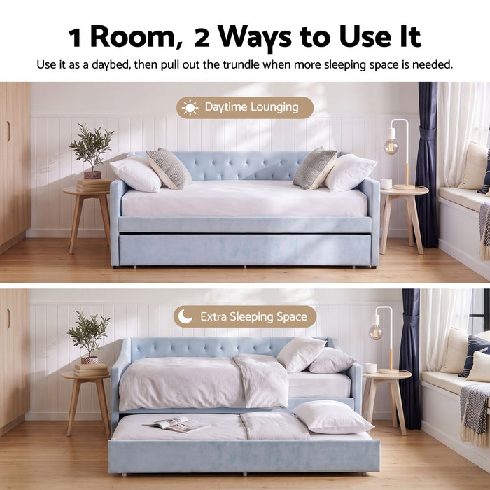 Artiss Single Buttonless Tufted Daybed Frame & Trundle, Blue