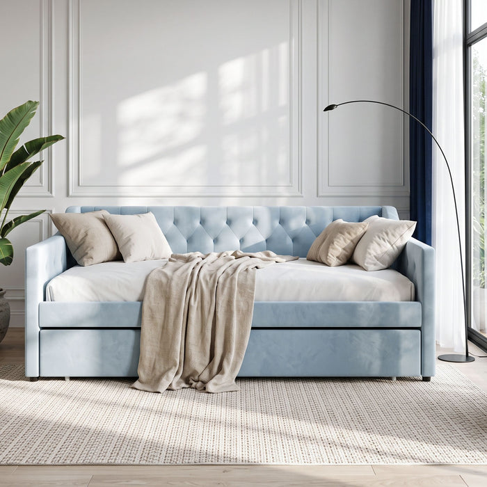 Artiss Single Buttonless Tufted Daybed Frame & Trundle, Blue