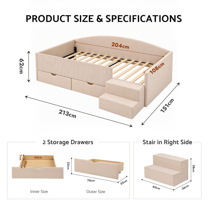 Artiss King Single Upholstered Daybed with Stairs & Storage Drawers, Beige