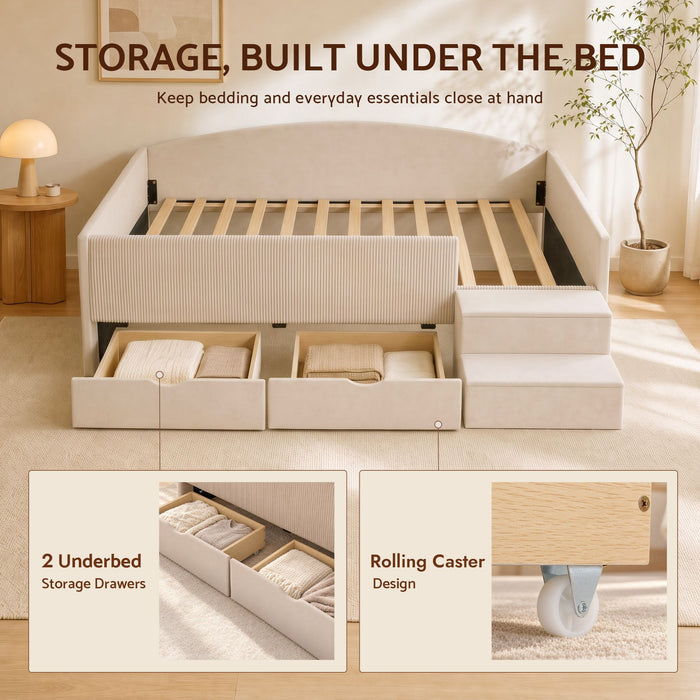 Artiss Single Upholstered Daybed with Side Stairs & Storage Drawers, Beige