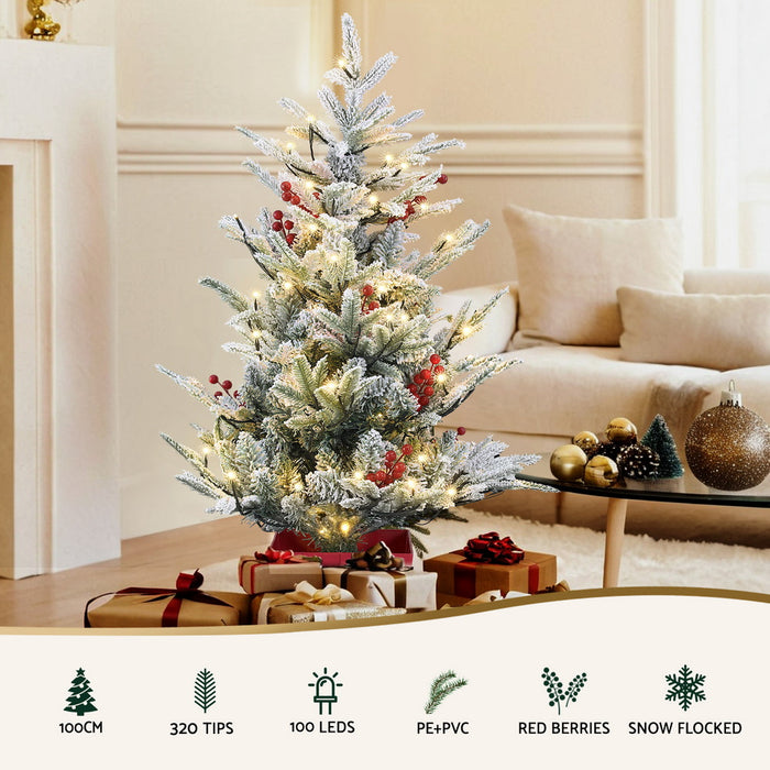 Jingle Jollys Christmas Tree 1M LED Potted Xmas Party Decor Red Barries Flocked