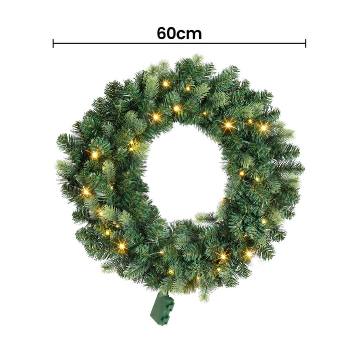Jingle Jollys 60cm Pre-Lit Christmas Wreath GarlandsWarm White LED Light Door Wreaths Battery Timer