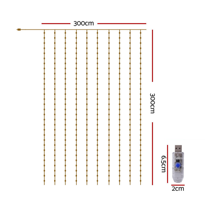 Jingle Jollys 3X3M Christmas Lights Curtain String Light 300 LED Cool White