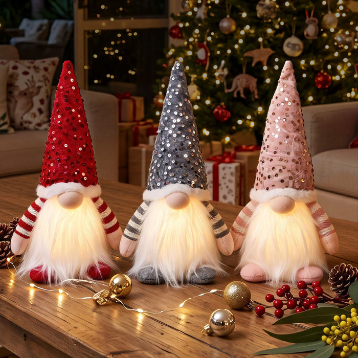 Jingle Jollys Christmas Gnomes Light Up Christmas Decorations Plush Goblin Set of 3 Warm White