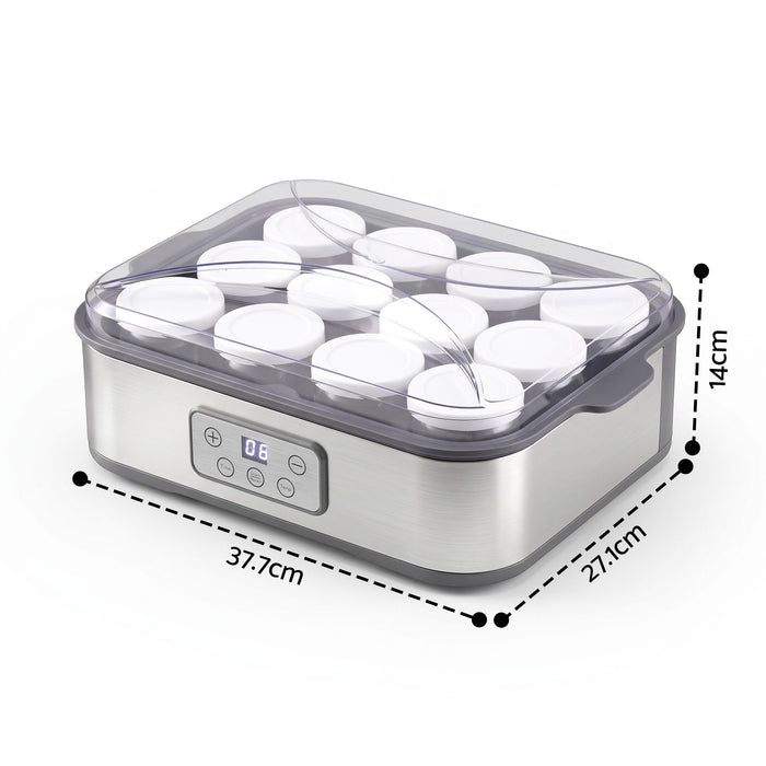 Devanti Yoghurt Maker Machine with 12x180ml Glass Cups Temp Control Grey