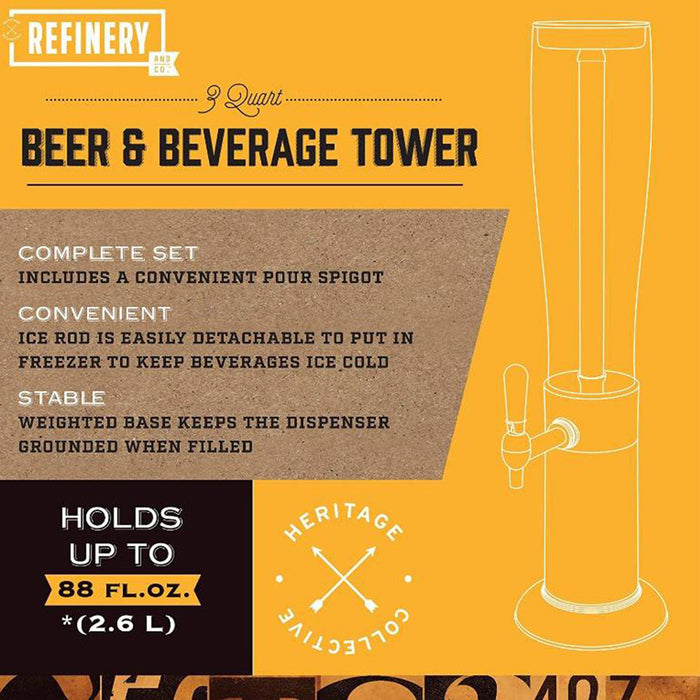 Refinery Beer Tower 2.6L With Tap Ice Drink Dispenser Beverage Bar Tube Copper NEW MODEL