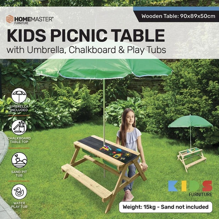 Outdoor Wooden Table With Umbrella Green For Kids Chalkboard&Play Tubs