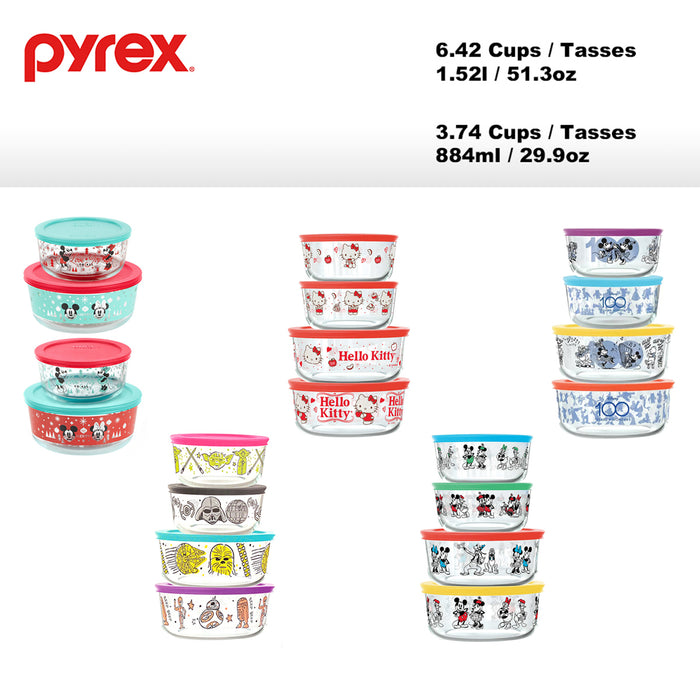 Pyrex 8pcs Glass Food Storage lock Containers with lid Hello Kitty / Star Wars / Mickey Mouse