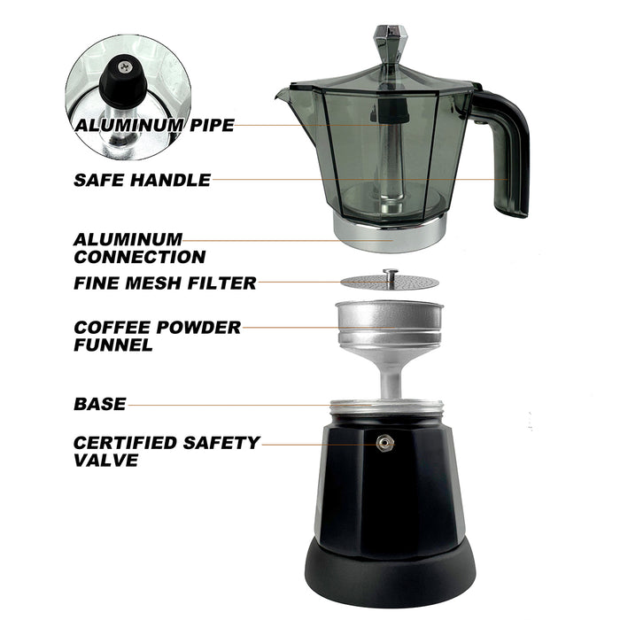 Mornest Electric Moka Coffee Maker Espresso Italian Classic Auto power off for Home 3/6Cups