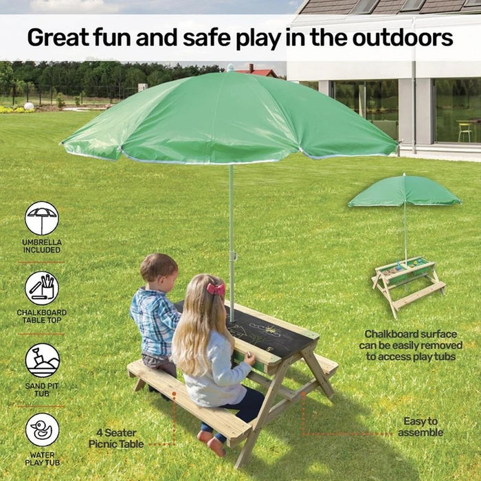 Outdoor Wooden Table With Umbrella Green For Kids Chalkboard&Play Tubs