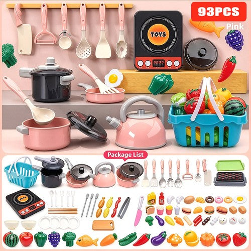 93pcs Mini Kids Kitchen Toy Set Pretend Cooking Food Pots Pans Play Cooking Kit