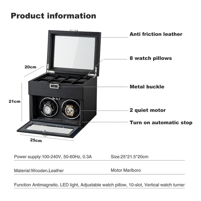 2+8 Slots Automatic Watch Winder with Key Lock – PU Leather Watch Storage Box, 2 Rotating Winders + 8 Storage Slots, Silent Japanese Motor, 2 Modes & LED Light – Perfect Gift