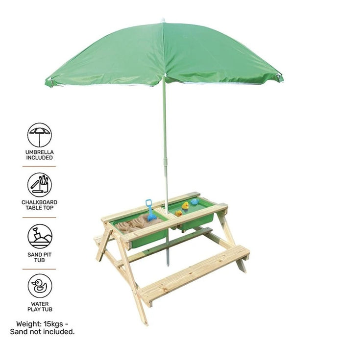 Outdoor Wooden Table With Umbrella Green For Kids Chalkboard&Play Tubs