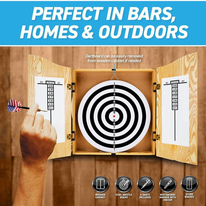 17" Dartboard With 6 Steel Darts Wooden Cabinet Set Dart Board Party Game
