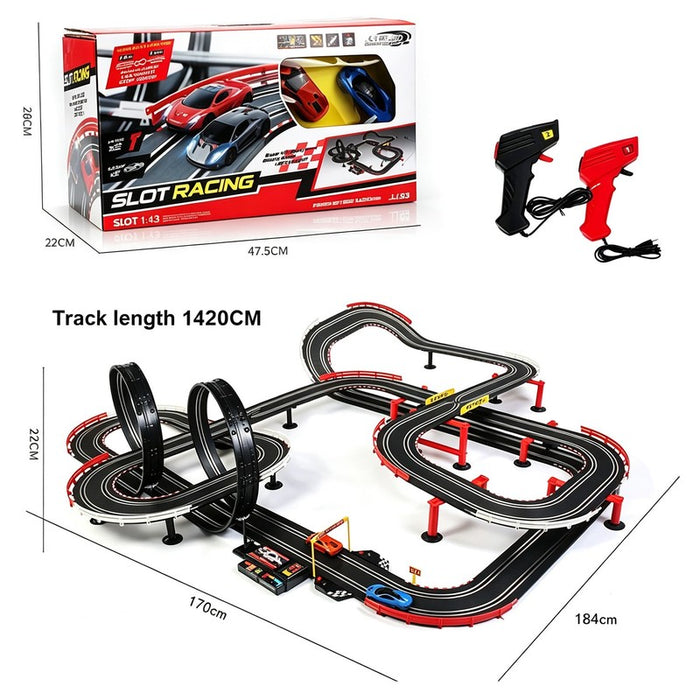 Race Track Set With 2 Light-Up Slot Cars & 1420 Cm Turbo 1:43 Controls JJ SLOT