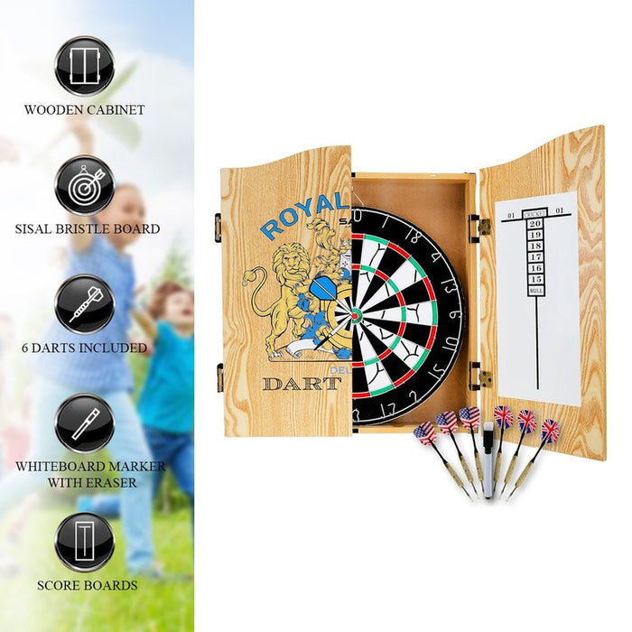17" Dartboard With 6 Steel Darts Wooden Cabinet Set Dart Board Party Game