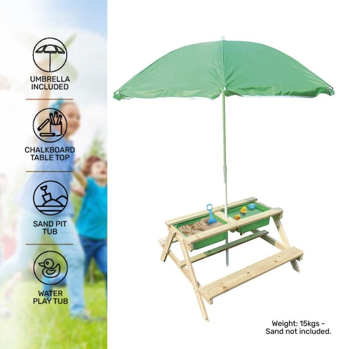 Outdoor Wooden Table With Umbrella Green For Kids Chalkboard&Play Tubs