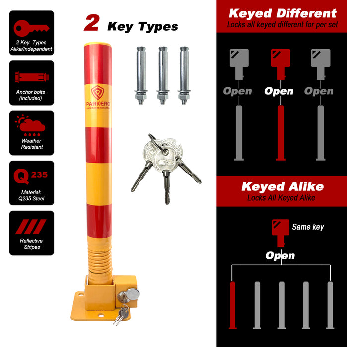Parkero Fold-down Spring Parking Barrier Keyed Different/Alike Expension bolts 60cm
