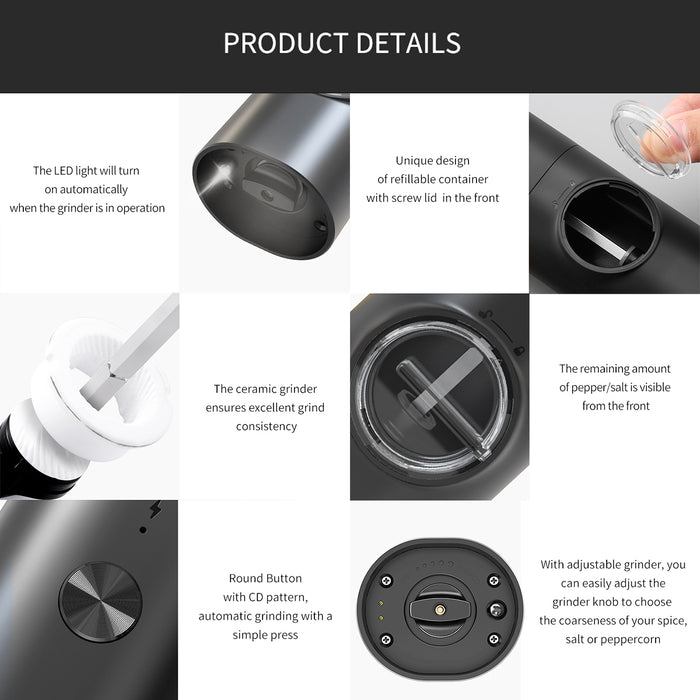 Electric Pepper Grinder &amp; Salt Mill Set - USB Rechargeable, Adjustable Coarseness, Ceramic Grinder, LED Light, Spice Mill for Pepper, Salt, Herbs