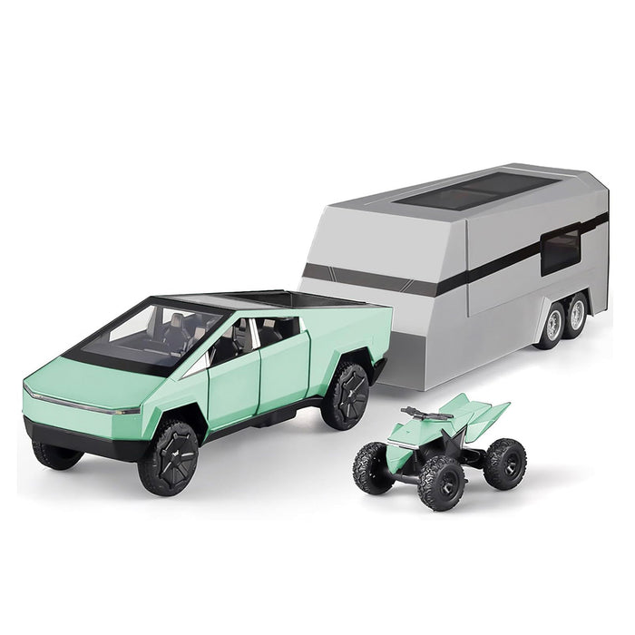 1:24 Tesla Cybertruck Die-cast Model Car With Motorcycle & Camper Trailer