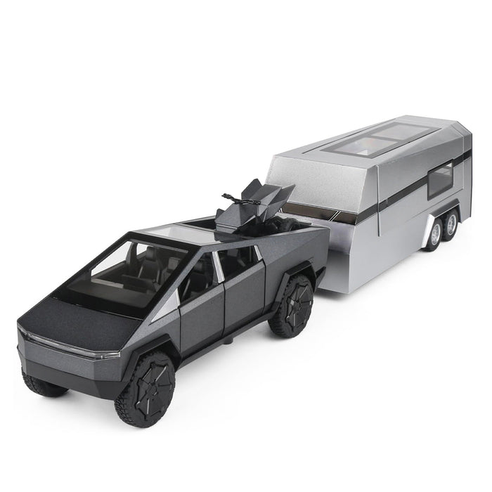 1:24 Tesla Cybertruck Die-cast Model Car With Motorcycle & Camper Trailer