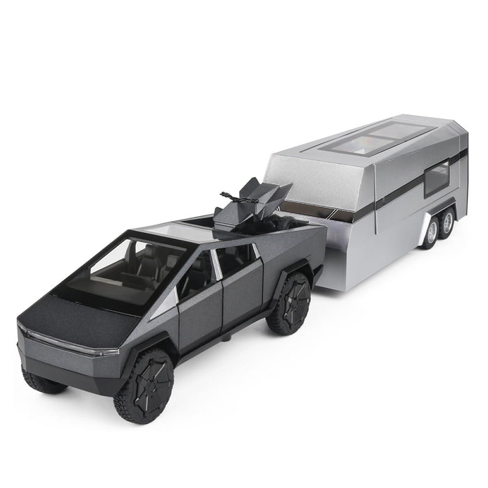 1:24 Tesla Cybertruck Die-cast Model Car With Motorcycle & Camper Trailer
