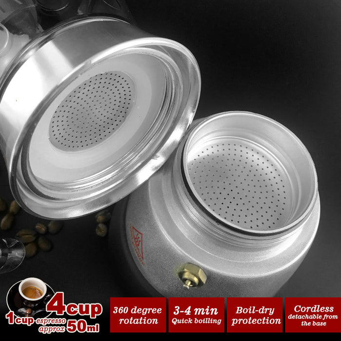 Mornest High Pressure Electric Moka Coffee Maker/Cafeteria Espresso Moka 4Cups PC & Aluminum Trade Me