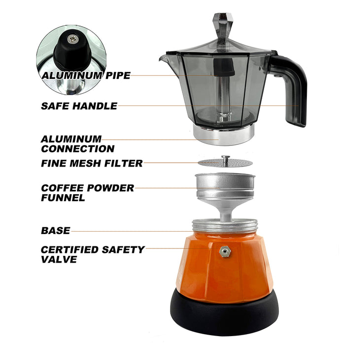 Mornest Electric Moka Coffee Maker Espresso Italian Classic Auto power off for Home 3/6Cups