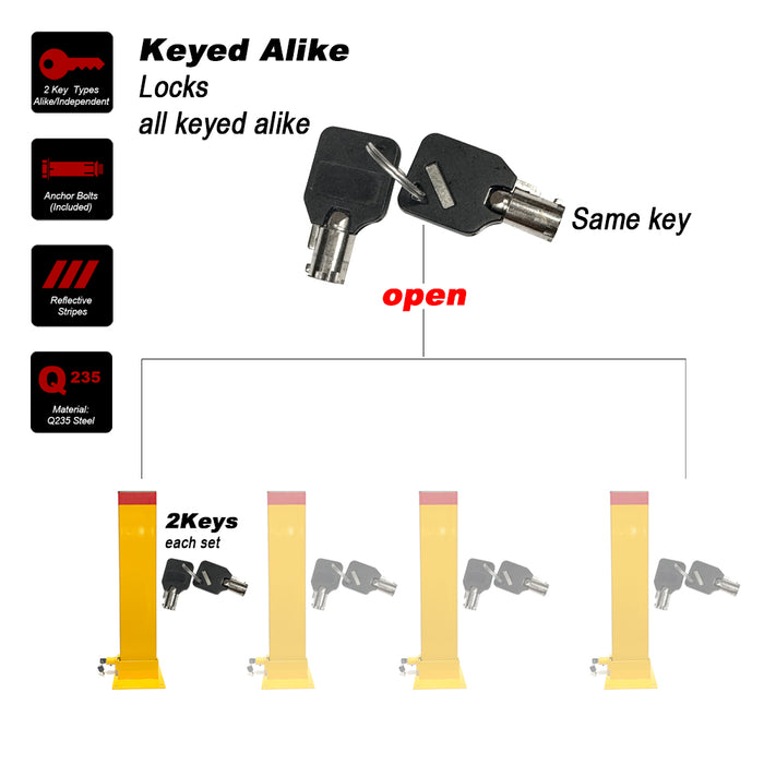 Parkero Keyed Alike Bollard Rectangle Fold Down Car Parking Lock Safety Barrier 80cm 2Key
