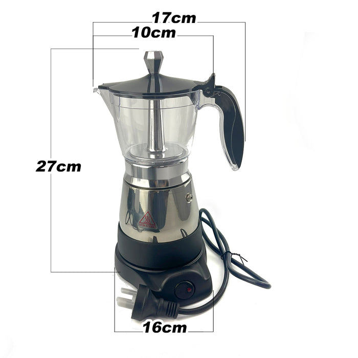 PC Stainless Steel Electric Moka Coffee Maker 6 Cups Italian Classic Espresso