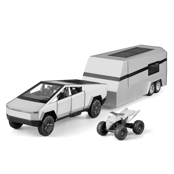 1:24 Tesla Cybertruck Die-cast Model Car With Motorcycle & Camper Trailer