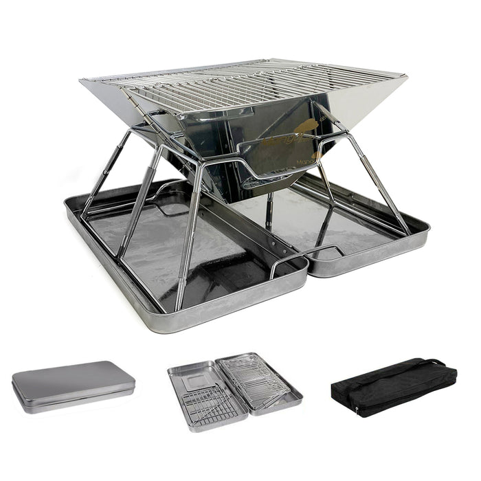 Stainless Steel Foldable Charcoal BBQ Grill Lightweight Camping Portable With Carry Bag & Stainless Steel Box